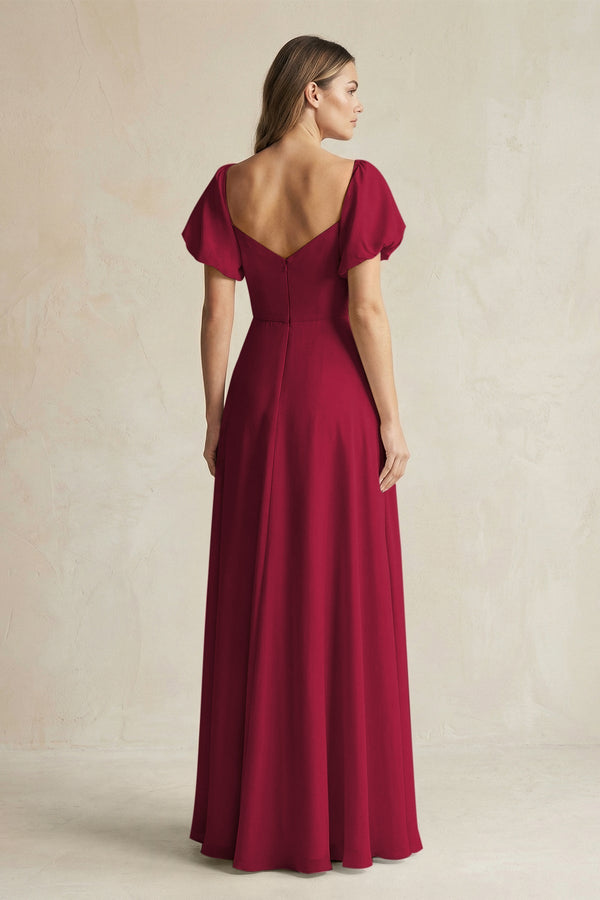 KissProm Sweetheart Puff Sleeve A-Line Chiffon Bridesmaid Dress in Berry, Berry / 20