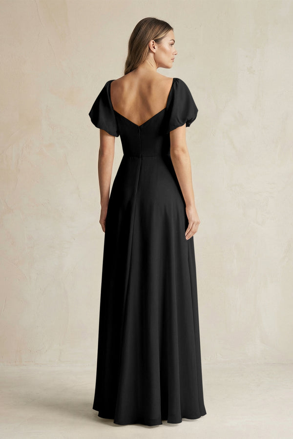KissProm Sweetheart Puff Sleeve A-Line Chiffon Bridesmaid Dress in Black, Black / 22