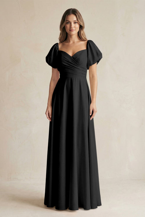 Sweetheart Puff Sleeve A - Line Chiffon Bridesmaid Dress in Black - KissProm Bridesmaid Dresses