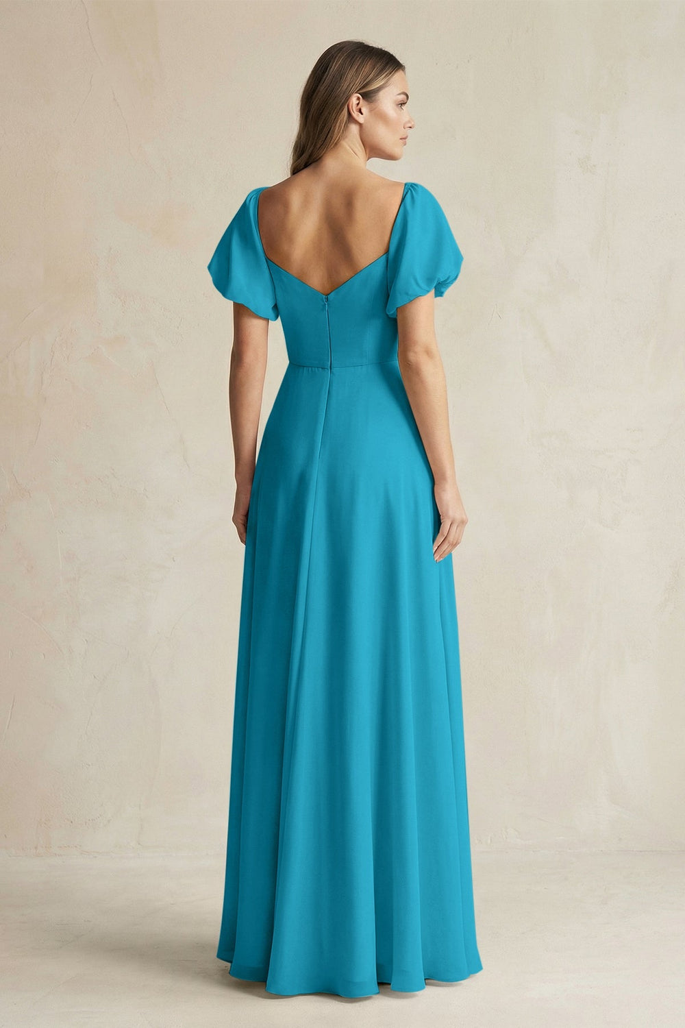 Sweetheart Puff Sleeve A - Line Chiffon Bridesmaid Dress in Blue Jay - KissProm Bridesmaid Dresses