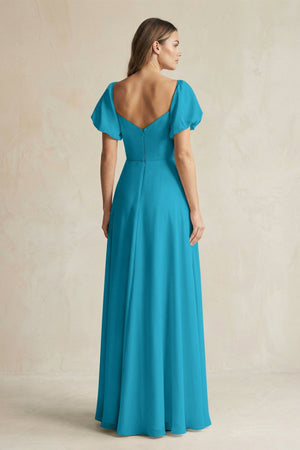 Sweetheart Puff Sleeve A - Line Chiffon Bridesmaid Dress in Blue Jay - KissProm Bridesmaid Dresses