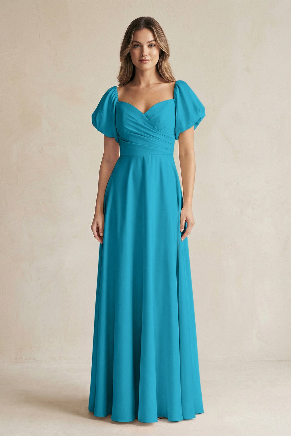 Sweetheart Puff Sleeve A - Line Chiffon Bridesmaid Dress in Blue Jay - KissProm Bridesmaid Dresses