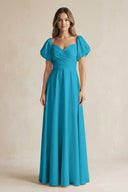 Sweetheart Puff Sleeve A - Line Chiffon Bridesmaid Dress in Blue Jay - KissProm Bridesmaid Dresses