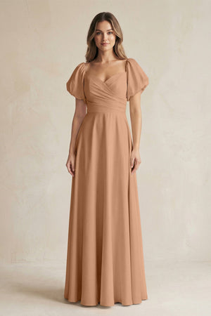 Sweetheart Puff Sleeve A - Line Chiffon Bridesmaid Dress in Bronzer - KissProm Bridesmaid Dresses