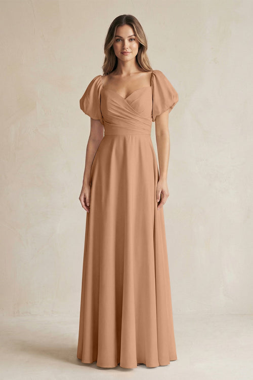 Sweetheart Puff Sleeve A - Line Chiffon Bridesmaid Dress in Bronzer - KissProm Bridesmaid Dresses