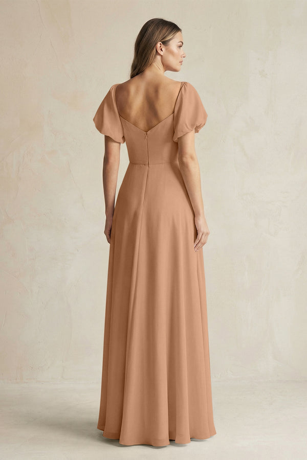 Sweetheart Puff Sleeve A - Line Chiffon Bridesmaid Dress in Bronzer - KissProm Bridesmaid Dresses