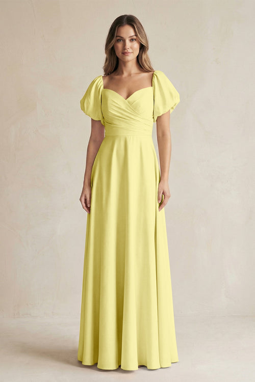 Sweetheart Puff Sleeve A - Line Chiffon Bridesmaid Dress in Buttercup - KissProm Bridesmaid Dresses