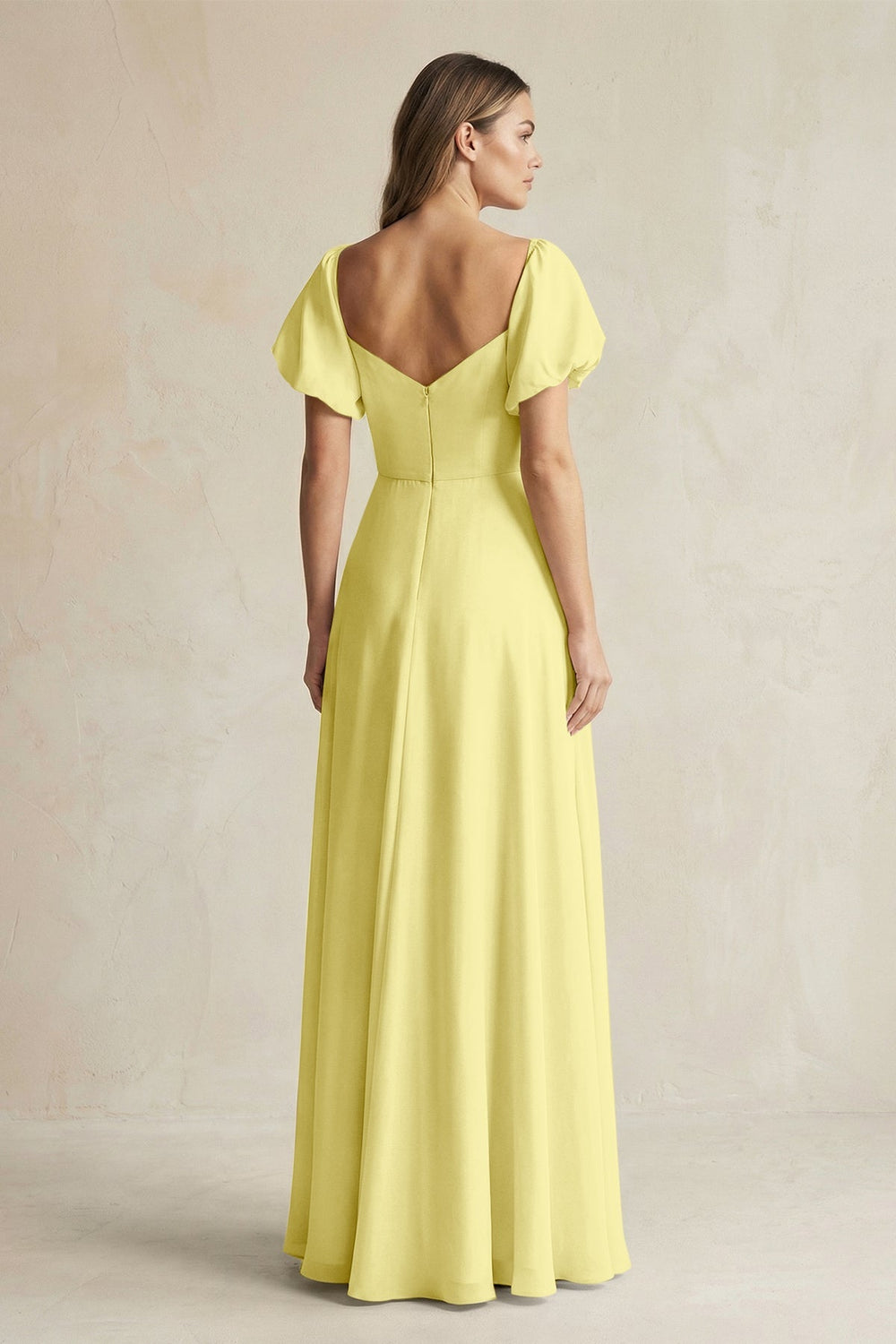 Sweetheart Puff Sleeve A - Line Chiffon Bridesmaid Dress in Buttercup - KissProm Bridesmaid Dresses