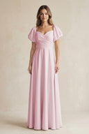Sweetheart Puff Sleeve A - Line Chiffon Bridesmaid Dress in Candy Pink - KissProm Bridesmaid Dresses