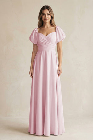 Sweetheart Puff Sleeve A - Line Chiffon Bridesmaid Dress in Candy Pink - KissProm Bridesmaid Dresses