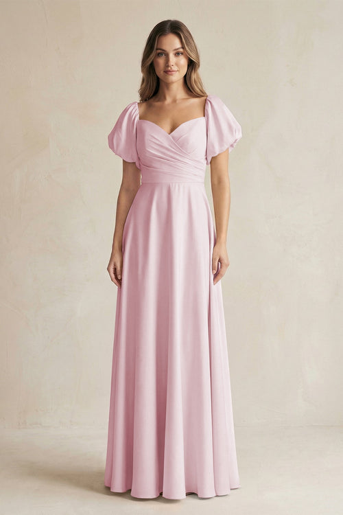 Sweetheart Puff Sleeve A - Line Chiffon Bridesmaid Dress in Candy Pink - KissProm Bridesmaid Dresses