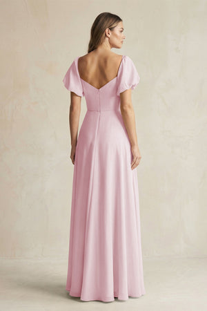 Sweetheart Puff Sleeve A - Line Chiffon Bridesmaid Dress in Candy Pink - KissProm Bridesmaid Dresses