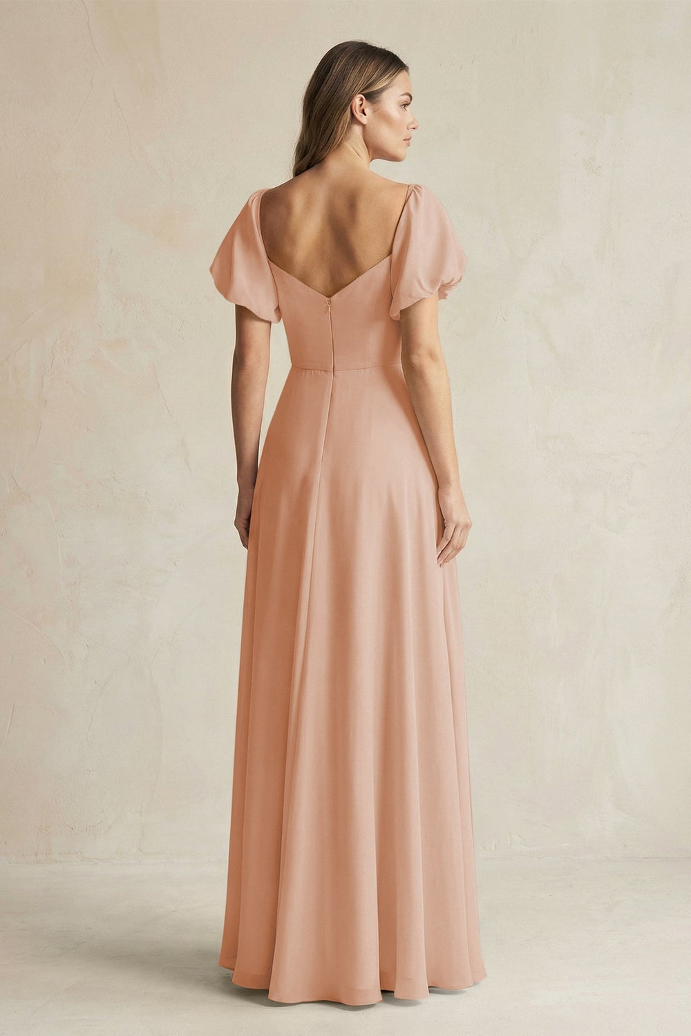 Sweetheart Puff Sleeve A - Line Chiffon Bridesmaid Dress in Champagne Rose - KissProm Bridesmaid Dresses