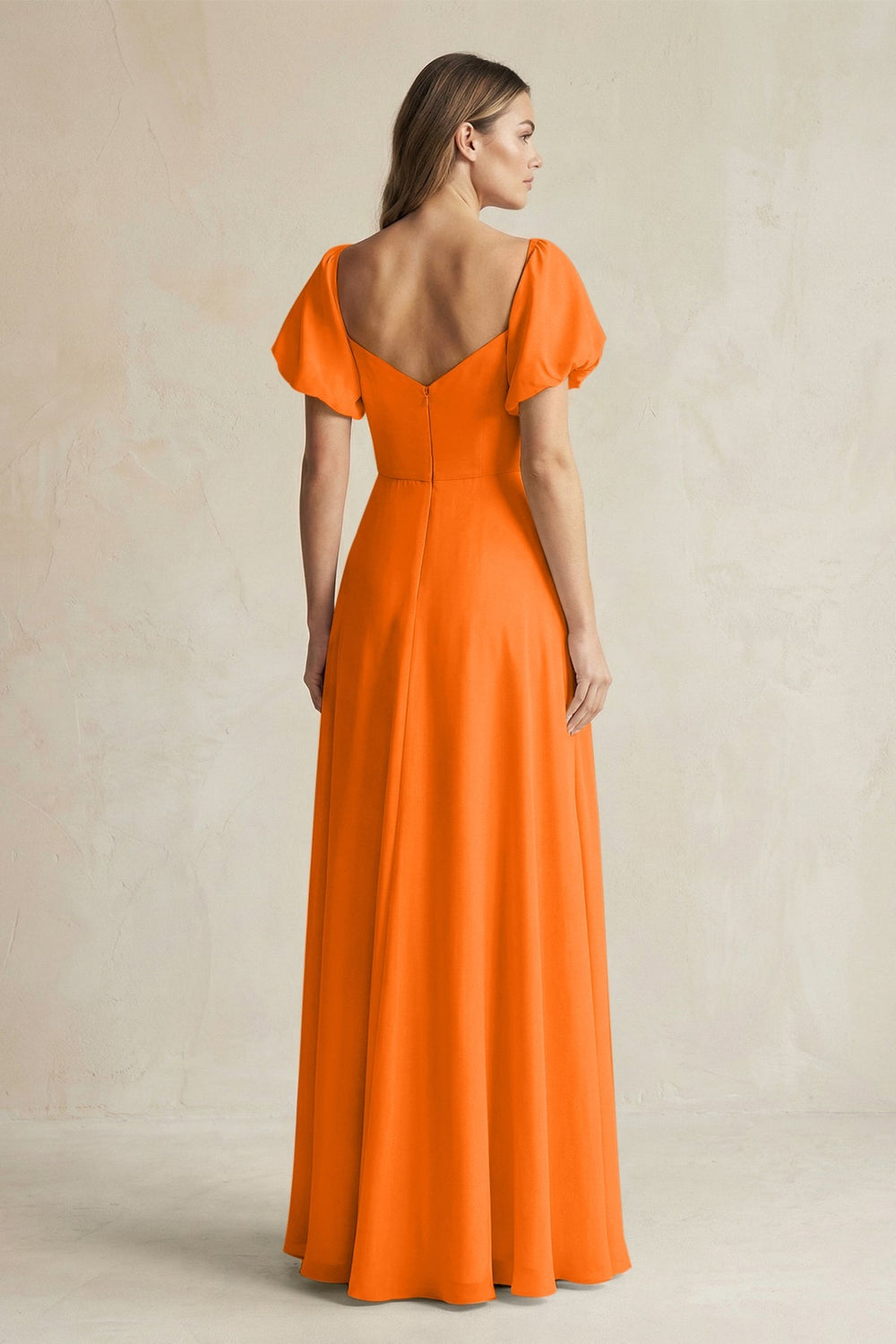 Sweetheart Puff Sleeve A - Line Chiffon Bridesmaid Dress in Cinnamon - KissProm Bridesmaid Dresses