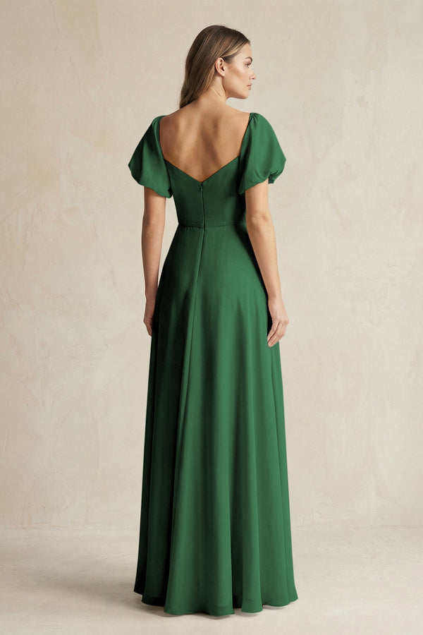 Sweetheart Puff Sleeve A - Line Chiffon Bridesmaid Dress in Dark Green - KissProm Bridesmaid Dresses