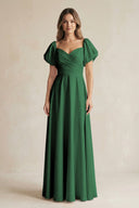 Sweetheart Puff Sleeve A - Line Chiffon Bridesmaid Dress in Dark Green - KissProm Bridesmaid Dresses