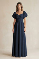 Sweetheart Puff Sleeve A - Line Chiffon Bridesmaid Dress in Dark Navy - KissProm Bridesmaid Dresses