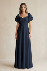 Sweetheart Puff Sleeve A - Line Chiffon Bridesmaid Dress in Dark Navy - KissProm Bridesmaid Dresses