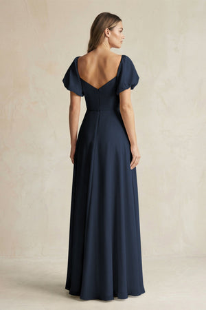 Sweetheart Puff Sleeve A - Line Chiffon Bridesmaid Dress in Dark Navy - KissProm Bridesmaid Dresses