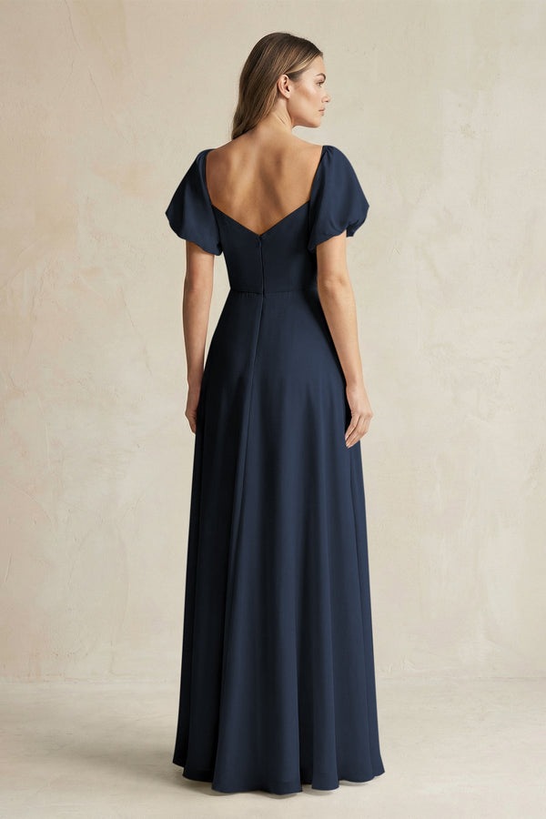 Sweetheart Puff Sleeve A - Line Chiffon Bridesmaid Dress in Dark Navy - KissProm Bridesmaid Dresses