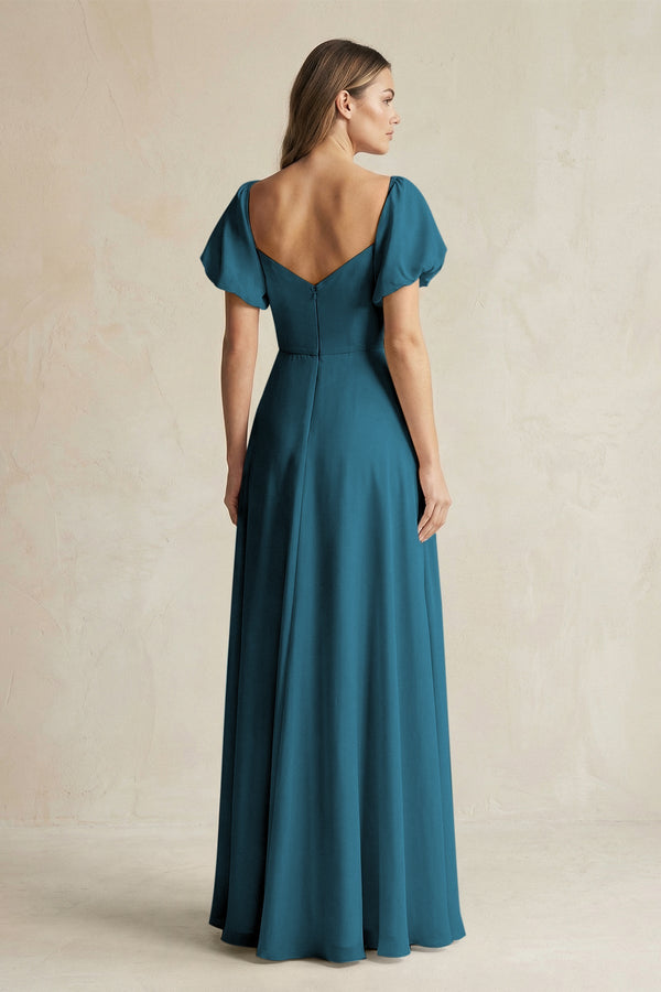Sweetheart Puff Sleeve A - Line Chiffon Bridesmaid Dress in Dark Teal - KissProm Bridesmaid Dresses