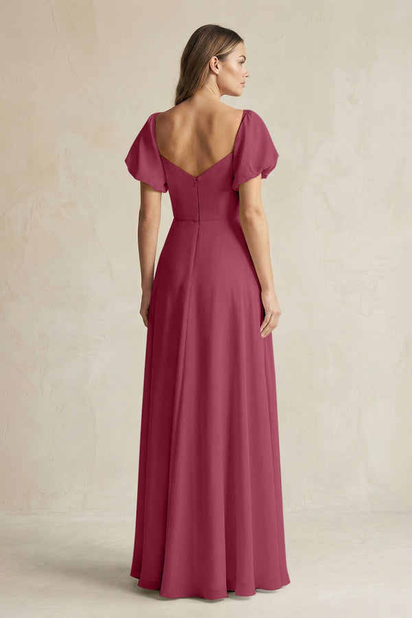 Sweetheart Puff Sleeve A - Line Chiffon Bridesmaid Dress in Desert Rose - KissProm Bridesmaid Dresses