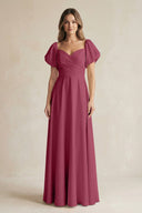 Sweetheart Puff Sleeve A - Line Chiffon Bridesmaid Dress in Desert Rose - KissProm Bridesmaid Dresses