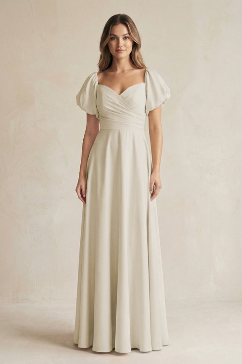KissProm Sweetheart Puff Sleeve A-Line Chiffon Bridesmaid Dress in Dove Gray, Dove Gray / 22