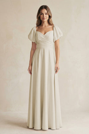 Sweetheart Puff Sleeve A - Line Chiffon Bridesmaid Dress in Dove Gray - KissProm Bridesmaid Dresses