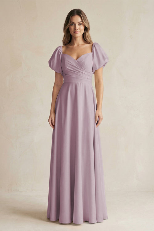 Sweetheart Puff Sleeve A - Line Chiffon Bridesmaid Dress in Dusk - KissProm Bridesmaid Dresses