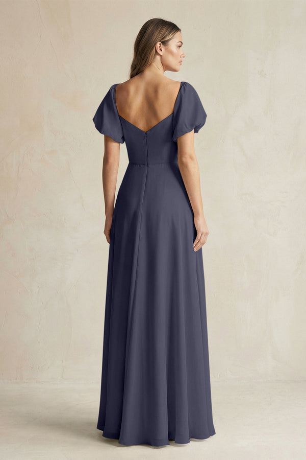 Sweetheart Puff Sleeve A - Line Chiffon Bridesmaid Dress in Dusk Blue - KissProm Bridesmaid Dresses