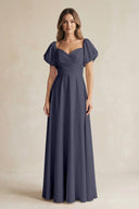 Sweetheart Puff Sleeve A - Line Chiffon Bridesmaid Dress in Dusk Blue - KissProm Bridesmaid Dresses