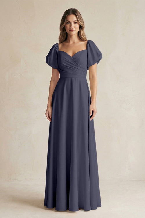 Sweetheart Puff Sleeve A - Line Chiffon Bridesmaid Dress in Dusk Blue - KissProm Bridesmaid Dresses