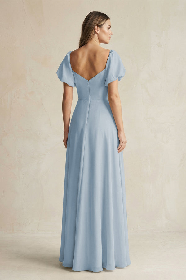 Sweetheart Puff Sleeve A - Line Chiffon Bridesmaid Dress in Dusty Blue - KissProm Bridesmaid Dresses