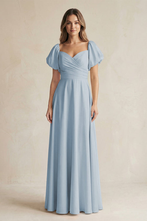 KissProm Sweetheart Puff Sleeve A-Line Chiffon Bridesmaid Dress in Dusty Blue, Dusty Blue / 22