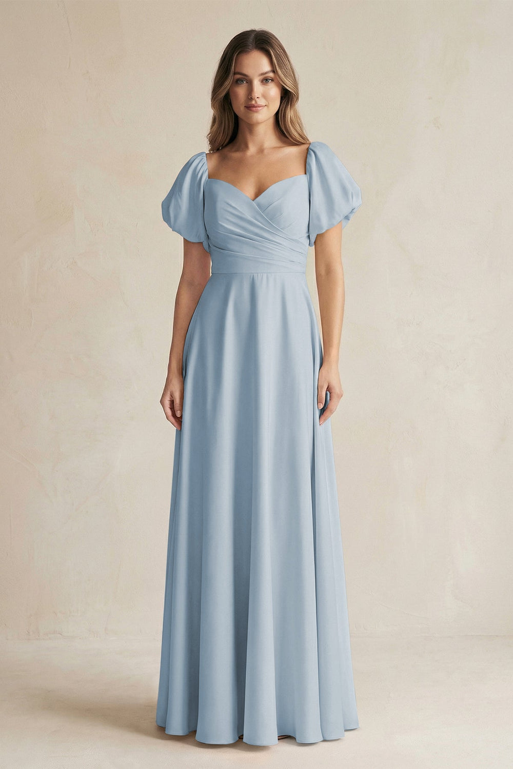 Sweetheart Puff Sleeve A - Line Chiffon Bridesmaid Dress in Dusty Blue - KissProm Bridesmaid Dresses