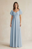 Sweetheart Puff Sleeve A - Line Chiffon Bridesmaid Dress in Dusty Blue - KissProm Bridesmaid Dresses