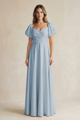 Sweetheart Puff Sleeve A - Line Chiffon Bridesmaid Dress in Dusty Blue - KissProm Bridesmaid Dresses