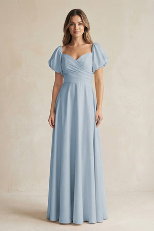 Sweetheart Puff Sleeve A - Line Chiffon Bridesmaid Dress in Dusty Blue - KissProm Bridesmaid Dresses