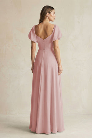 Sweetheart Puff Sleeve A - Line Chiffon Bridesmaid Dress in Dusty Rose - KissProm Bridesmaid Dresses