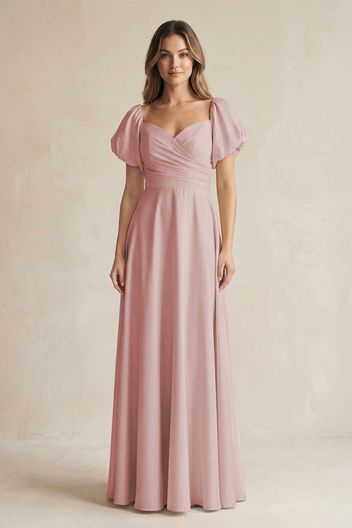 KissProm Sweetheart Puff Sleeve A-Line Chiffon Bridesmaid Dress in Dusty Rose, Dusty Rose / 6