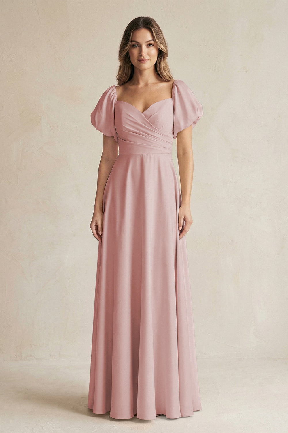 Sweetheart Puff Sleeve A - Line Chiffon Bridesmaid Dress in Dusty Rose - KissProm Bridesmaid Dresses