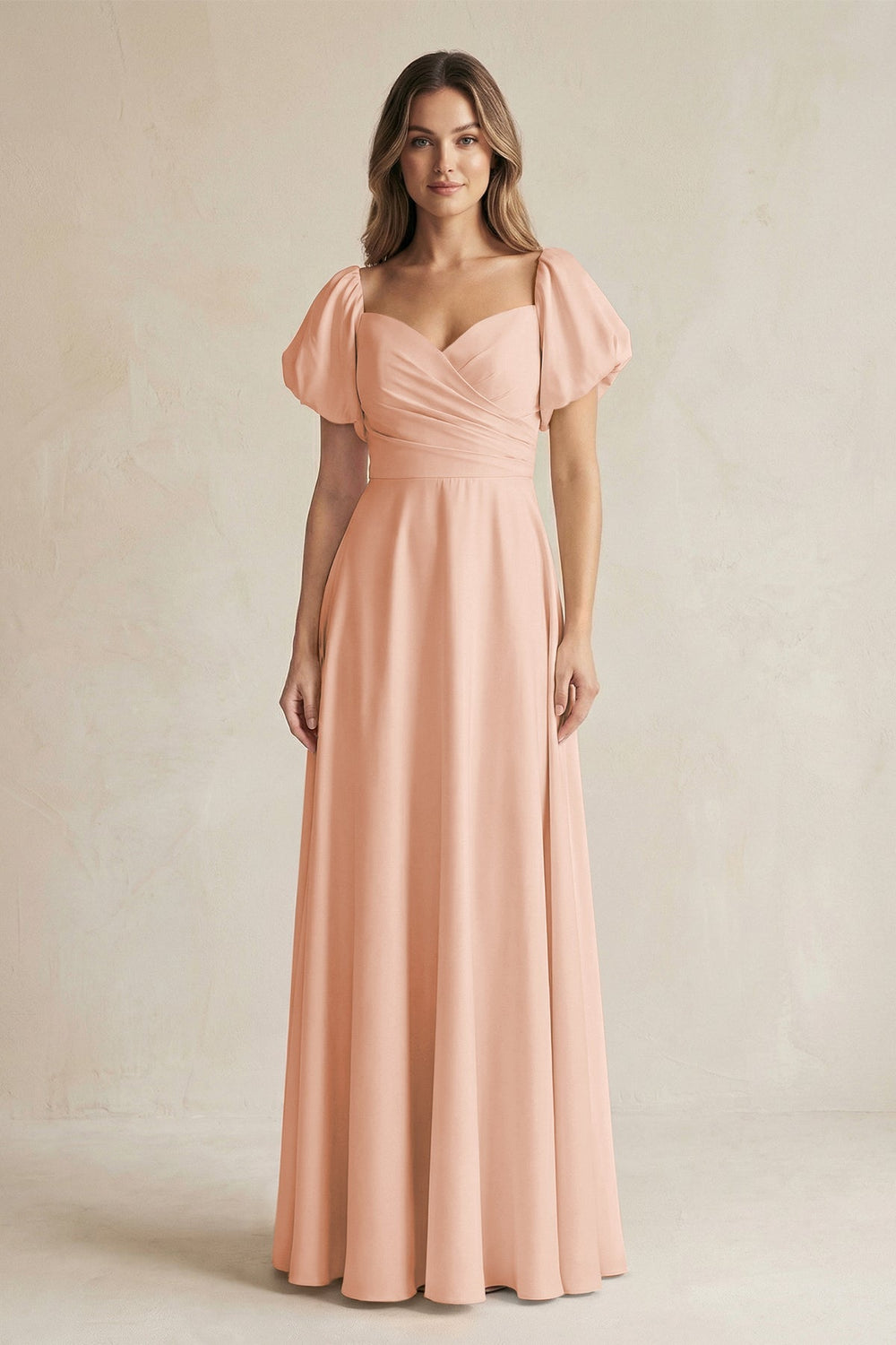 Sweetheart Puff Sleeve A - Line Chiffon Bridesmaid Dress in English Rose - KissProm Bridesmaid Dresses
