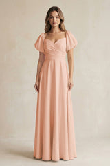 Sweetheart Puff Sleeve A - Line Chiffon Bridesmaid Dress in English Rose - KissProm Bridesmaid Dresses