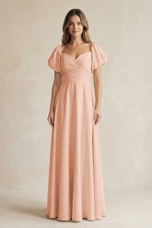 Sweetheart Puff Sleeve A - Line Chiffon Bridesmaid Dress in English Rose - KissProm Bridesmaid Dresses