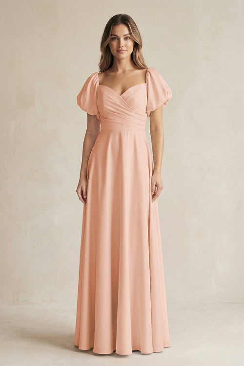 Sweetheart Puff Sleeve A - Line Chiffon Bridesmaid Dress in English Rose - KissProm Bridesmaid Dresses