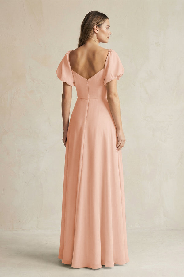 Sweetheart Puff Sleeve A - Line Chiffon Bridesmaid Dress in English Rose - KissProm Bridesmaid Dresses