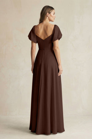 Sweetheart Puff Sleeve A - Line Chiffon Bridesmaid Dress in Espresso - KissProm Bridesmaid Dresses