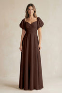 Sweetheart Puff Sleeve A - Line Chiffon Bridesmaid Dress in Espresso - KissProm Bridesmaid Dresses
