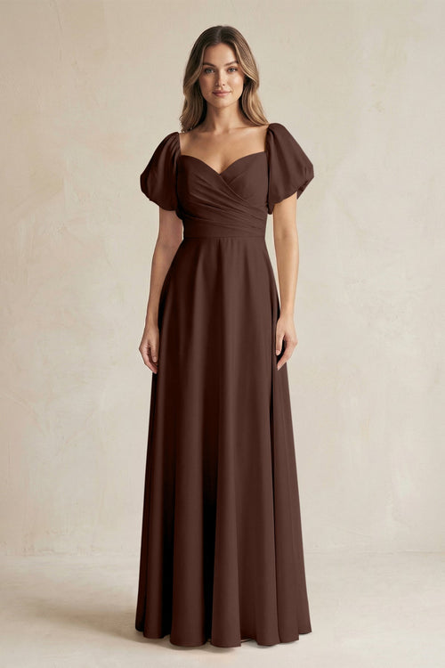 Sweetheart Puff Sleeve A - Line Chiffon Bridesmaid Dress in Espresso - KissProm Bridesmaid Dresses